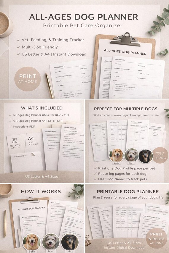 Printable Dog Planner | Multi-Dog Health & Training Tracker (Instant Download)