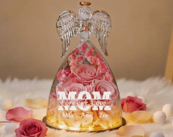 Personalized Glass Angel Figurine, Preserved Flower Night Light, Mom Gift, Custom Name Keepsake
