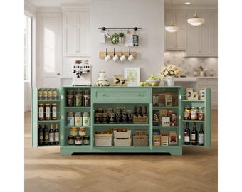 Green Wood Buffet Cabinet with Drawer and Adjustable Shelves – Modern Storage Sideboard