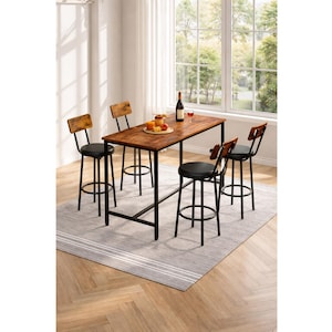 May include: A dining set featuring a rectangular wooden table with a black metal frame, accompanied by four black bar stools. The stools have wooden backs and black seats. A bottle of wine and a plate of food are on the table.