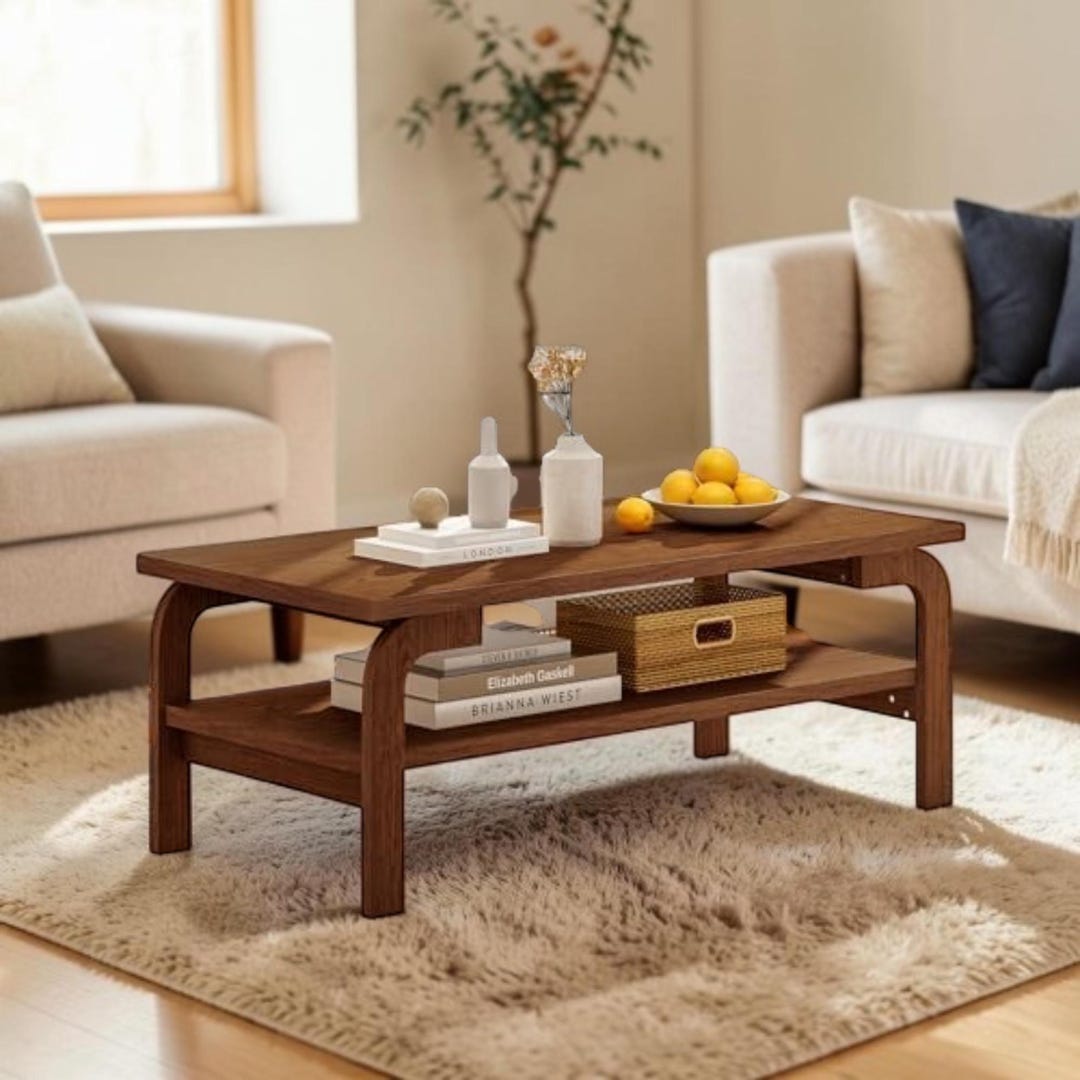 Mid Century Modern Coffee Table With Storage Shelf, Walnut Living Room ...