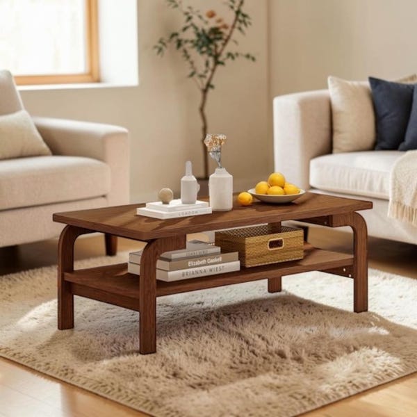 Table basse moderne Mid-Century avec étagère de rangement, table centrale de salon en noyer