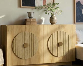 Fluted Sideboard Buffet Cabinet Mid Century Credenza Console Storage with Arched Doors Oak