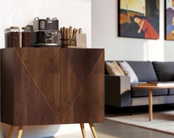 Fluted Sideboard Buffet Cabinet, Modern Wood Coffee Bar Storage Credenza Console