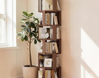 Walnut Rotating Bookshelf, 6 Tier Spinning Bookcase for Small Spaces