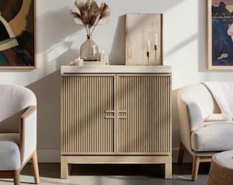 Fluted Sideboard Buffet Cabinet with Travertine Top, Greige Storage Credenza Console