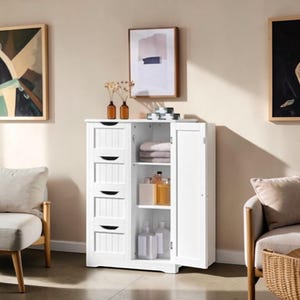 May include: A white wooden storage cabinet featuring four vertical drawers with black semi-circular pulls on the left side and a single door on the right side that opens to reveal two interior shelves holding folded towels and various bottles.