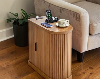 Narrow Mid Century Nightstand Charging Station Walnut Storage Bedside Table