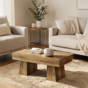 May include: A rectangular, light brown wooden coffee table with a natural finish. The table has a thick top and is supported by two sturdy, trapezoidal legs. A small, round, light-colored decorative object and a book are on the table. The table is in a living room setting.