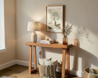 Solid Wood Console Table Narrow Entryway Sofa Table Hallway Accent Pecan