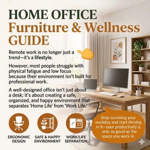 Pode incluir: Um guia de design de interiores para escritórios domésticos. A imagem apresenta uma configuração de escritório moderna com uma mesa de madeira, computador e cadeira ergonômica. O texto inclui "Guia de móveis e bem-estar para o escritório em casa".