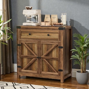 May include: A rustic wooden coffee bar cabinet with a drawer and two doors. The cabinet has a coffee maker, coffee beans, and pastries on top. The doors have a decorative X design. A potted plant is on the right.