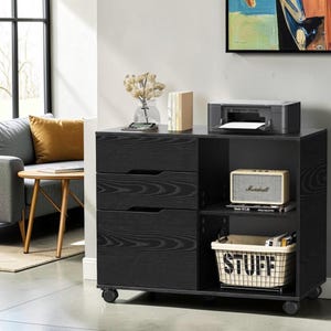 Modern Black Lateral File Cabinet Rolling Printer Stand with Three Storage Drawers and Wheels