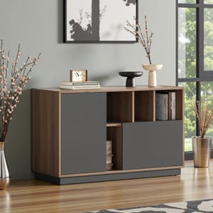 May include: A rectangular wooden sideboard featuring a dark walnut finish, two solid gray cabinet doors, and three open storage compartments. The unit includes a flat top surface, a sturdy base, and a clean-lined design with visible wood grain textures.