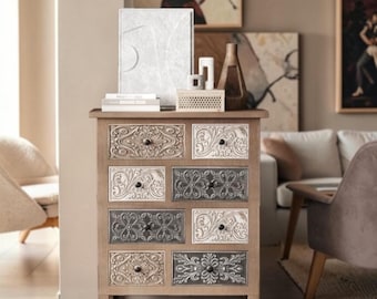 Vintage Boho Accent Cabinet Hand Carved Wood Storage Chest for Entryway Bedroom Living Room