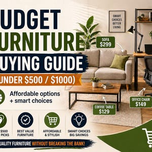 May include: An advertisement for budget furniture. The image features a sofa, coffee table, desk, and office chair, with prices listed. Text includes "Budget Furniture Buying Guide" and "Quality Furniture Without Breaking the Bank!"