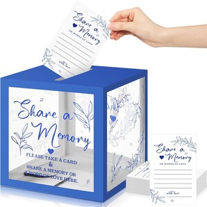 Share a Memory card set with 50 premium double sided guest message cards and foldable keepsake box featuring greenery botanical design and transparent display windows on all four sides. Thick cardstock memory cards with wide collection slot for weddings, graduations, birthdays, anniversaries, retirement parties, bridal showers, family gatherings, and elegant guest book alternative displays.