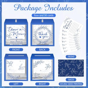 Share a Memory card set with 50 premium double sided guest message cards and foldable keepsake box featuring greenery botanical design and transparent display windows on all four sides. Thick cardstock memory cards with wide collection slot for weddings, graduations, birthdays, anniversaries, retirement parties, bridal showers, family gatherings, and elegant guest book alternative displays.