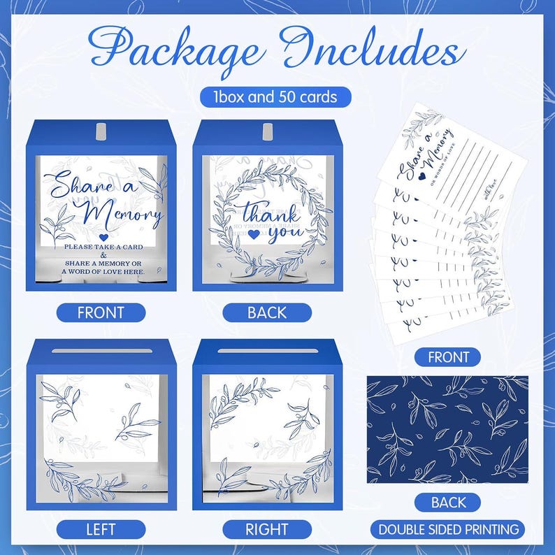Share a Memory card set with 50 premium double sided guest message cards and foldable keepsake box featuring greenery botanical design and transparent display windows on all four sides. Thick cardstock memory cards with wide collection slot for weddings, graduations, birthdays, anniversaries, retirement parties, bridal showers, family gatherings, and elegant guest book alternative displays.