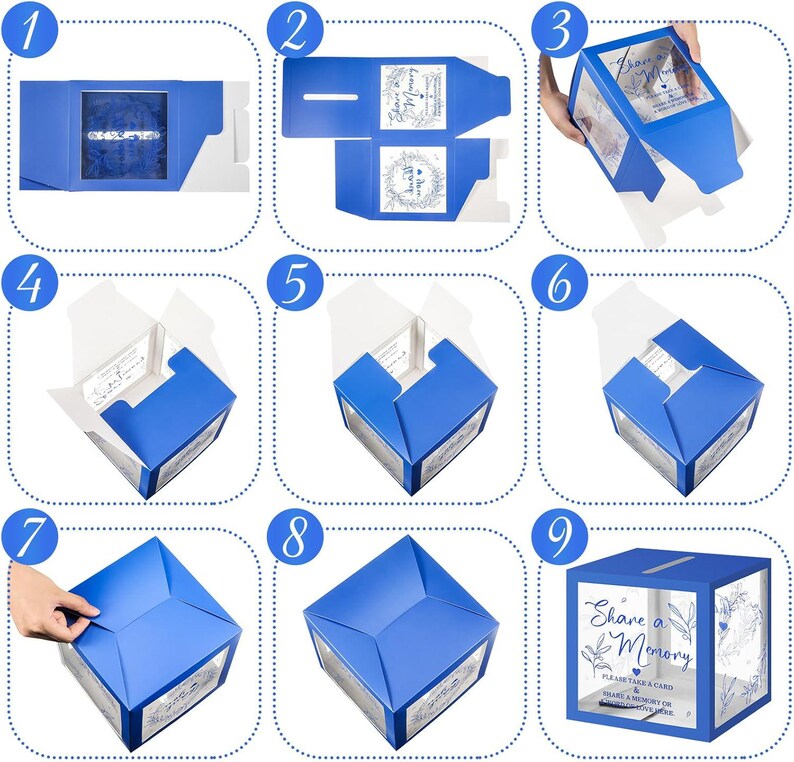 Share a Memory card set with 50 premium double sided guest message cards and foldable keepsake box featuring greenery botanical design and transparent display windows on all four sides. Thick cardstock memory cards with wide collection slot for weddings, graduations, birthdays, anniversaries, retirement parties, bridal showers, family gatherings, and elegant guest book alternative displays.