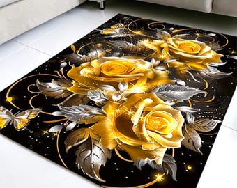 Golden Rose Butterfly Area Rug | Artistic Floral Printed Carpet | Soft Flannel Indoor Outdoor Floor Mat | Elegant Living Room Decor