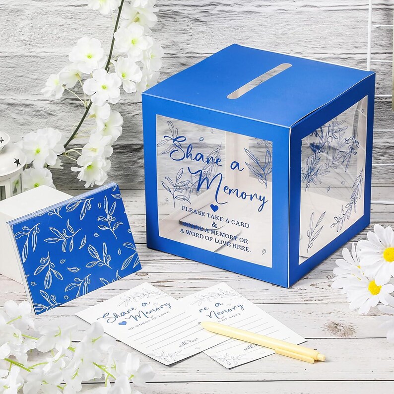 Share a Memory card set with 50 premium double sided guest message cards and foldable keepsake box featuring greenery botanical design and transparent display windows on all four sides. Thick cardstock memory cards with wide collection slot for weddings, graduations, birthdays, anniversaries, retirement parties, bridal showers, family gatherings, and elegant guest book alternative displays.