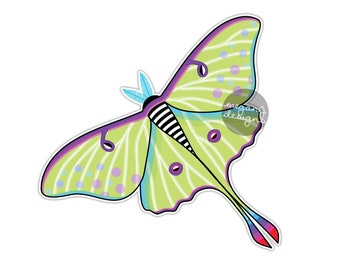 Luna Moth Sticker - Colorful Car Decal Vinyl Bumper Sticker Hippie Boho Laptop Sticker Insect Art