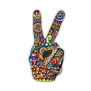 Hippie Peace Sign Hand Sticker - Colorful Flower Car Decal Peace Sign Symbol Vinyl Bumper Sticker 70s Cute Peace Sign Wall Art Love Floral