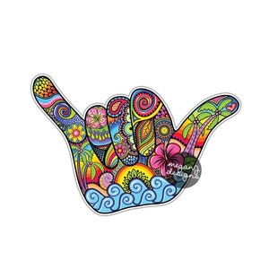 Colorful hand drawn hang loose sticker full of beach designs