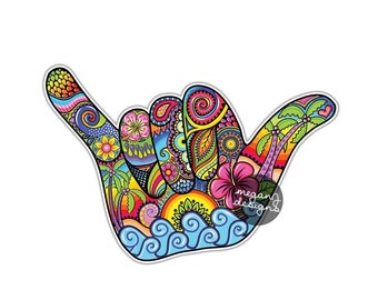 Shaka Sign Hang Loose Hand Sticker Hawaii Decal Colorful Car Decal Laptop Decal Wall Art Hawaiian Surfs Up Aloha Spirit Hang Ten Palm Tree