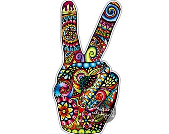 Hippie Peace Sign Hand Sticker - Colorful Flower Car Decal Peace Sign Symbol Vinyl Bumper Sticker 70s Cute Peace Sign Wall Art Love Floral