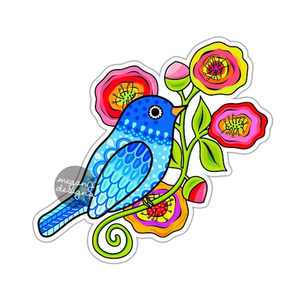 Blue Bird Sticker Colorful Flowers Car Decal Laptop Decal Wall Art Bird Floral Art Yeti Decal Cute Car Sticker Vinyl Animal Sticker