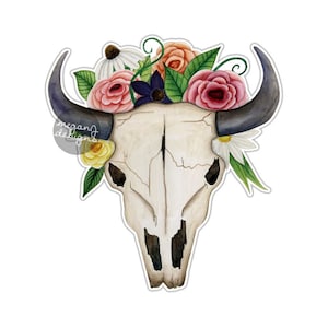 Bull Skull with Flowers Sticker Cow Longhorn Skull Car Decal Tribal Southwestern Bull Skull Horn Art Boho Hippie Floral Western Wall Decal