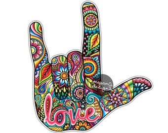 I Love You Sign Language Hand Sticker Decal Multicolor Car Decal Laptop Decal Wall Art Love ASL Hand Sign Cute Car Sticker Symbol Hippie