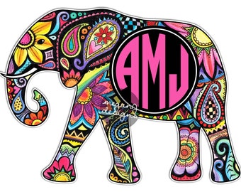 Custom Monogram Elephant Sticker - Colorful Design Cute Car Decal Personalized Initial Laptop Bumper Sticker Animal Elephant Wall Decal