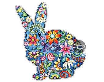 Bunny Rabbit Car Decal Colorful Design Flowers Bumper Sticker Laptop Decal Cute Animal Hippie Boho Spring