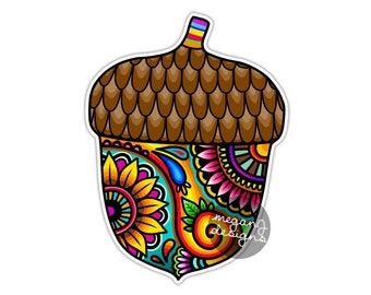 May include: A colorful acorn with a brown cap and a detailed mandala design in shades of yellow, orange, red, blue, green, and purple. The acorn is outlined in black and has a small rainbow stripe on top.
