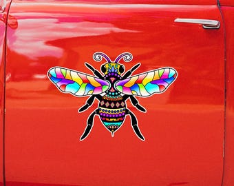 Large 13 Inch Bee Sticker - Waterproof Colorful Honeybee Bumper Sticker Wall Decal Window Surfboard Car Multicolor Cute Insect Art 13x9 inch