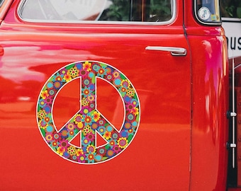 Large 12 Inch Brown Floral Peace Sign Sticker - Waterproof Weatherproof Colorful Flower Car Decal Symbol Vinyl Bumper Sticker Hippie 70s Era