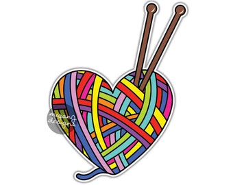 Knitting Yarn Heart Sticker - Colorful Rainbow Knit Bumper Sticker Knitting Needle Laptop Decal Car Decal Crochet Ball of Yarn Hippie