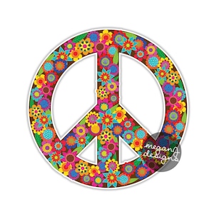 Brown Floral Peace Sign Sticker - Colorful Flower Car Decal Peace Symbol Waterproof Weatherproof Vinyl Bumper Sticker Hippie 70s Retro