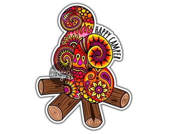 Happy Camper Campfire Sticker - Colorful Fire Car Decal Camping Laptop Decal Fall Autumn Halloween Waterproof Hippie Boho Original Art