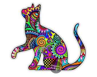 Cat Sticker Car Decal Laptop Decal Bumper Sticker Colorful Waterproof Hippie Boho Cute Car Pet Animal Kitten Floral Weatherproof Vinyl