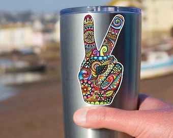 Hippie pequeño signo de la paz mano adhesivo - portátil etiqueta Yeti vaso etiqueta flor colorido signo de la paz símbolo de los años 70 lindo signo de la paz amor arte Floral