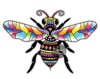 Bee Sticker - Colorful Honeybee Bumper Sticker Laptop Decal Car Decal Multicolor Cute Boho Hippie Insect Art