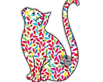 Cat Sticker Colorful Leaves Car Decal Laptop Decal Bumper Sticker Hippie Boho Cute Car Decal Pet Animal Kitten Kitty Wall Decal Girly Gift
