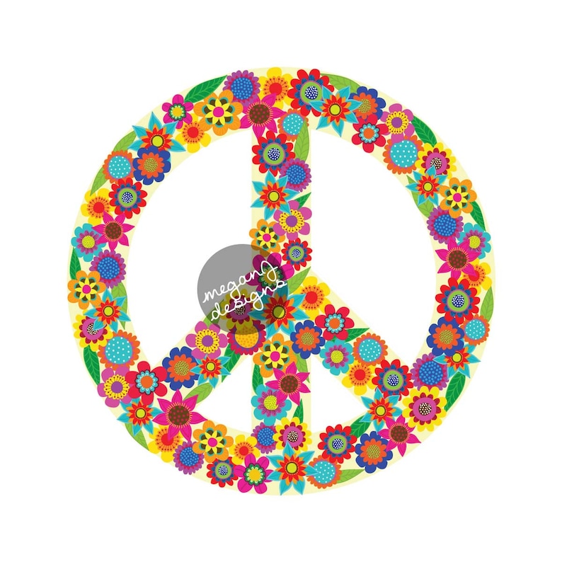 May include: A peace sign made of colorful flowers with green leaves. The peace sign is on a white background.