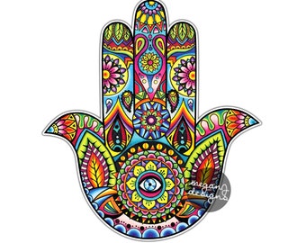 Hamsa Hand Sticker Decal Multicolor Car Decal Laptop Decal Religious Amulet Wall Art Sticker Religion Yoga Happiness Luck Eye Symbol Hippie