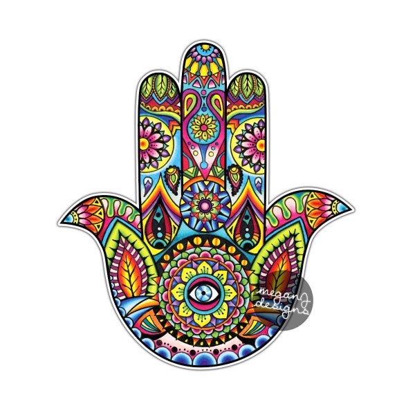 Hamsa Hand Sticker Decal Multicolor Car Decal Laptop Decal Religious Amulet Wall Art Sticker Religion Yoga Happiness Luck Eye Symbol Hippie
