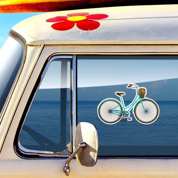 Bicycle Car Decal Colorful Vintage Retro Bike Bumper Sticker Laptop Decal Teal Turquoise Flowers Basket Cute Car Decal Hippie Boho